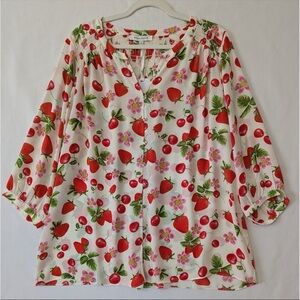 Rose & Olive White Strawberry & Cherry Button-Front Blouse Size 1X